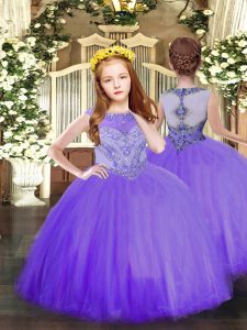Custom Made Sleeveless Tulle Floor Length Zipper Pageant Gowns in Lavender with Beading