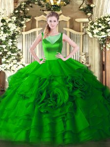 Spectacular Green Scoop Neckline Beading and Ruffled Layers Quinceanera Gown Sleeveless Zipper