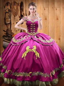 Fuchsia Off The Shoulder Lace Up Beading and Embroidery Quinceanera Dress Sleeveless