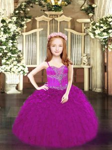 Fuchsia Organza Lace Up Winning Pageant Gowns Sleeveless Floor Length Beading and Ruffles