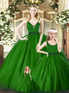 Hot Sale Floor Length Green Quinceanera Gown Tulle Sleeveless Embroidery