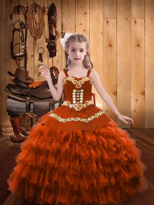 Dazzling Sleeveless Organza Floor Length Lace Up Little Girl Pageant Gowns in Rust Red with Embroidery and Ruffled Layers