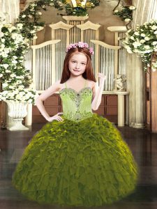 Floor Length Lace Up Kids Formal Wear Olive Green for Party and Quinceanera with Beading and Ruffles