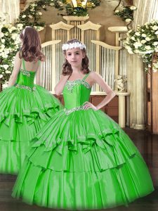 Organza and Taffeta Straps Sleeveless Lace Up Beading and Ruffled Layers Pageant Dress in Green