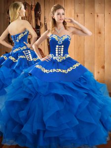 High Quality Blue Sweetheart Lace Up Embroidery and Ruffles Ball Gown Prom Dress Sleeveless
