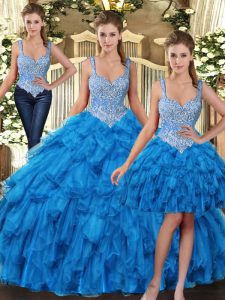Best Selling Teal Tulle Lace Up Quinceanera Gowns Sleeveless Floor Length Beading and Ruffles