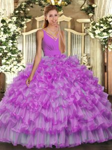 Lilac Ball Gowns Beading and Ruffles Quinceanera Dress Backless Organza Sleeveless Floor Length