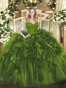 Olive Green Ball Gowns Beading and Lace and Ruffles Quinceanera Gowns Backless Organza Sleeveless Floor Length