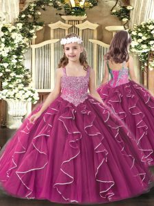 High End Floor Length Ball Gowns Sleeveless Fuchsia Little Girl Pageant Dress Lace Up