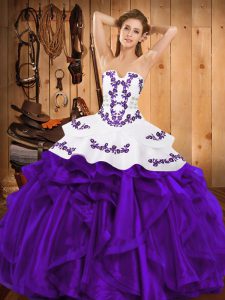 Inexpensive Purple Ball Gowns Satin and Organza Strapless Sleeveless Embroidery and Ruffles Floor Length Lace Up Quinceanera Dress