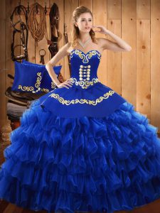 Glittering Floor Length Blue Sweet 16 Quinceanera Dress Satin and Organza Sleeveless Embroidery and Ruffled Layers