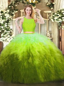 Beauteous Sleeveless Floor Length Lace and Ruffles Zipper Ball Gown Prom Dress with Olive Green