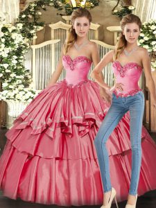 Watermelon Red Sleeveless Organza Lace Up Sweet 16 Dress for Military Ball and Sweet 16 and Quinceanera