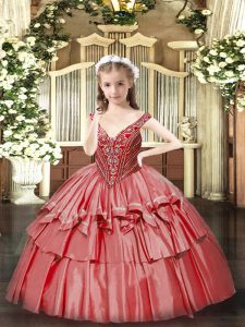 High Quality Coral Red Ball Gowns Organza V-neck Sleeveless Beading and Ruffled Layers Floor Length Lace Up Kids Formal Wear