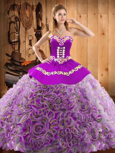 Multi-color Ball Gowns Satin and Fabric With Rolling Flowers Sweetheart Sleeveless Embroidery With Train Lace Up Quinceanera Dress Sweep Train