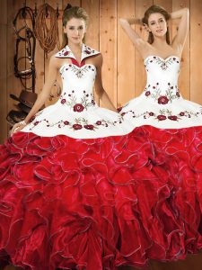 White And Red Ball Gowns Satin and Organza Halter Top Sleeveless Embroidery and Ruffles Floor Length Lace Up Quinceanera Dress
