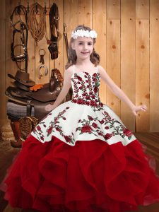 Dazzling Red Ball Gowns Straps Sleeveless Organza Floor Length Lace Up Embroidery and Ruffles Little Girls Pageant Gowns