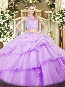 Modern Sleeveless Floor Length Beading and Ruffles Zipper 15th Birthday Dress with Lavender