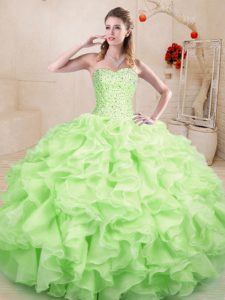 Amazing Yellow Green Organza Lace Up Sweetheart Sleeveless Floor Length Ball Gown Prom Dress Beading and Ruffles
