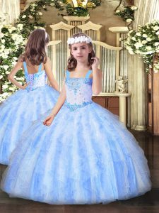 Light Blue Organza Lace Up Straps Sleeveless Floor Length Pageant Gowns For Girls Beading and Ruffles