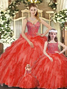 Custom Design Floor Length Lace Up Quinceanera Gowns Red for Military Ball and Sweet 16 and Quinceanera with Beading and Ruffles