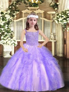 Inexpensive Lavender Straps Neckline Beading and Ruffles Glitz Pageant Dress Sleeveless Lace Up