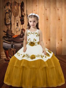 Hot Selling Ball Gowns Little Girl Pageant Dress Gold Straps Organza Sleeveless Floor Length Lace Up