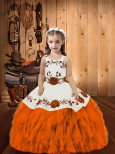 High Quality Straps Sleeveless Little Girl Pageant Gowns Floor Length Embroidery and Ruffles Orange Organza