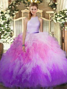 Delicate Ball Gowns Quinceanera Gown Multi-color High-neck Tulle Sleeveless Floor Length Backless