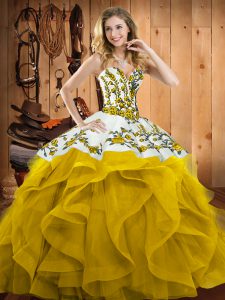 Enchanting Sweetheart Sleeveless Satin and Organza Ball Gown Prom Dress Embroidery and Ruffles Lace Up
