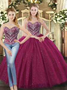 Custom Made Fuchsia Tulle Lace Up Quinceanera Dresses Sleeveless Floor Length Beading