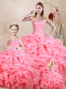 Beading and Ruffles Quince Ball Gowns Watermelon Red Lace Up Sleeveless Floor Length