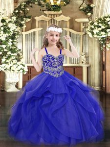 Tulle Straps Sleeveless Lace Up Beading and Ruffles Girls Pageant Dresses in Blue