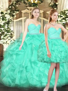 High Quality Turquoise Ball Gowns Tulle Sweetheart Sleeveless Ruffles Floor Length Lace Up Quince Ball Gowns