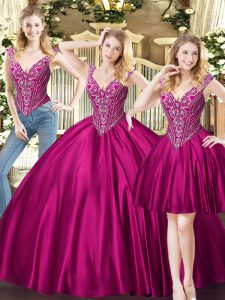 Gorgeous V-neck Sleeveless Lace Up Quince Ball Gowns Fuchsia Tulle