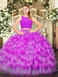 Fitting Fuchsia Tulle Zipper Scoop Sleeveless Floor Length Ball Gown Prom Dress Ruffled Layers