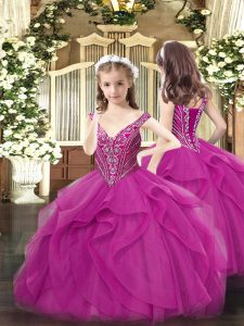 Fuchsia Tulle Lace Up V-neck Sleeveless Floor Length Pageant Dress Wholesale Beading and Ruffles