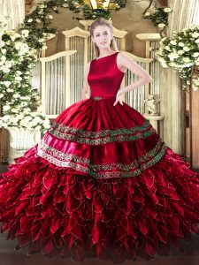 Wine Red Satin and Organza Clasp Handle Quinceanera Dresses Sleeveless Floor Length Ruffled Layers