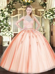 Flare Lace and Appliques 15th Birthday Dress Orange Zipper Sleeveless Floor Length