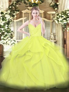 Yellow Green and Yellow Spaghetti Straps Neckline Ruffles and Ruching Quince Ball Gowns Sleeveless Zipper