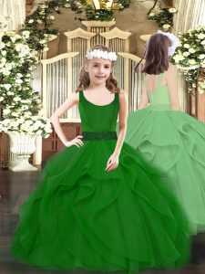 Tulle Scoop Sleeveless Zipper Beading and Ruffles Pageant Gowns For Girls in Dark Green