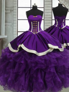 Purple Ball Gowns Satin and Organza Sweetheart Sleeveless Beading and Ruffles Floor Length Lace Up Quinceanera Gown