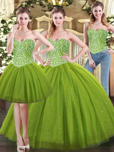 Attractive Sweetheart Sleeveless Lace Up Ball Gown Prom Dress Olive Green Tulle