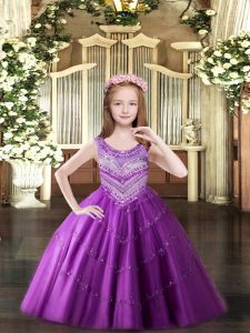 Custom Designed Lilac Sleeveless Floor Length Beading Lace Up Kids Formal Wear