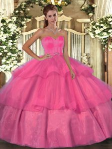 Luxury Hot Pink Ball Gowns Organza Sweetheart Sleeveless Beading and Ruffled Layers Floor Length Lace Up Vestidos de Quinceanera