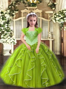 Floor Length Yellow Green Kids Pageant Dress Straps Sleeveless Lace Up
