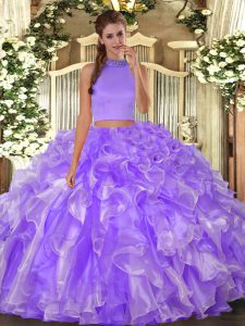 Smart Lavender Halter Top Backless Beading and Ruffles 15th Birthday Dress Sleeveless