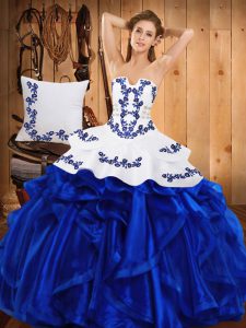 Luxurious Blue Sleeveless Embroidery and Ruffles Floor Length Quinceanera Dress