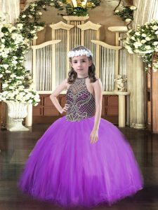 Eggplant Purple Ball Gowns Beading Custom Made Pageant Dress Lace Up Tulle Sleeveless Floor Length