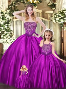 Fantastic Eggplant Purple Lace Up Strapless Beading Quinceanera Gown Organza Sleeveless